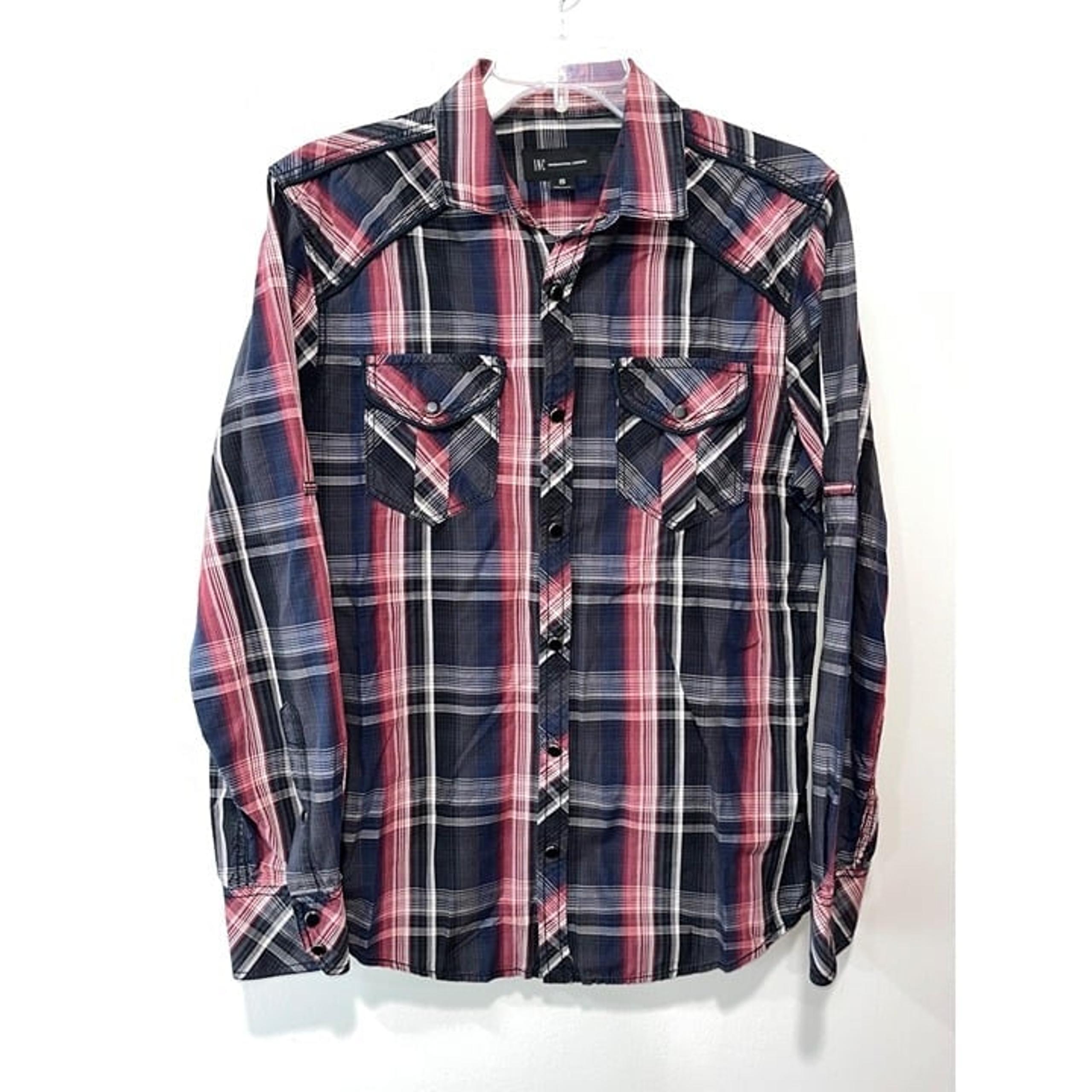 INC International Concepts Mens Small Plaid Button-Up Shirt 100% Cotton Red & Bl