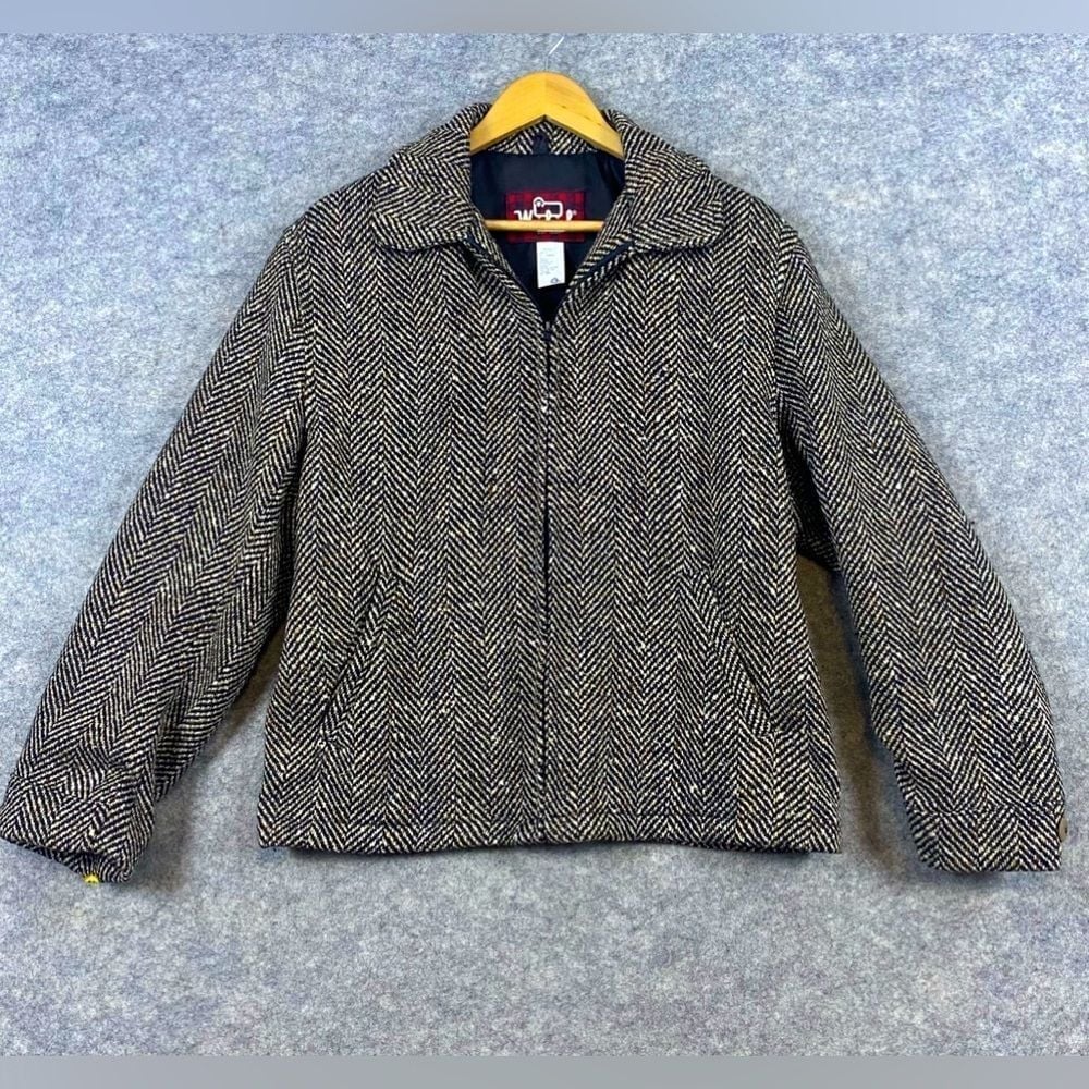 Woolrich Vintage Wool Blend Jacket Size M Herringbone Brown Black Front Zip