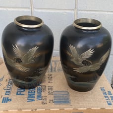Japanese Pair Bronze Vases With Mixed Metals Silver & Gold