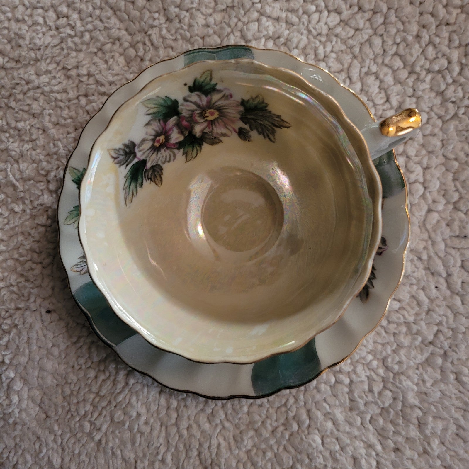 Teacup & saucer bone china green ribbon multicolored floral vintage.