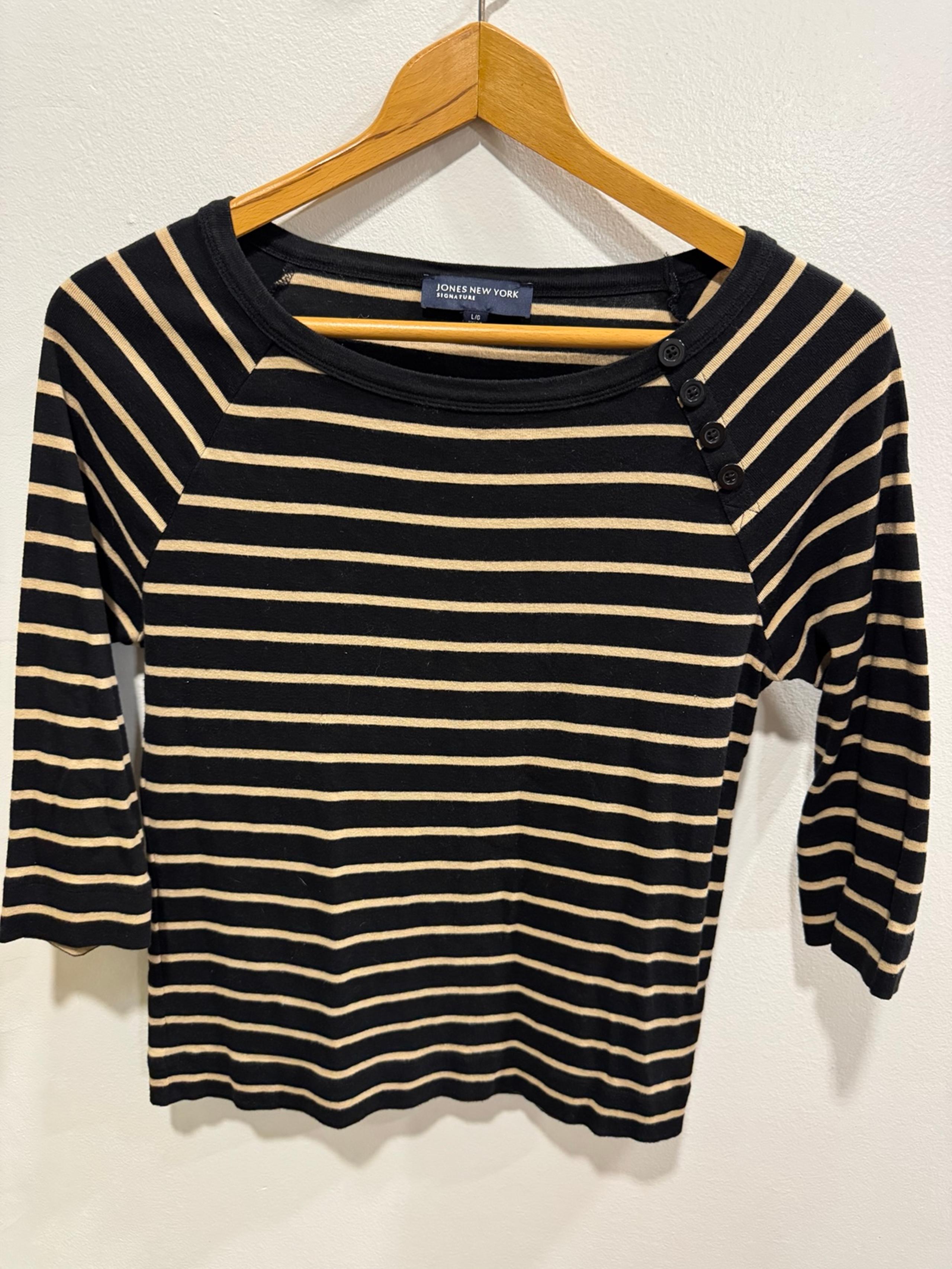 Jones New York Women's striped top, LG, black & cream, 3/4 sleeve. Like New!