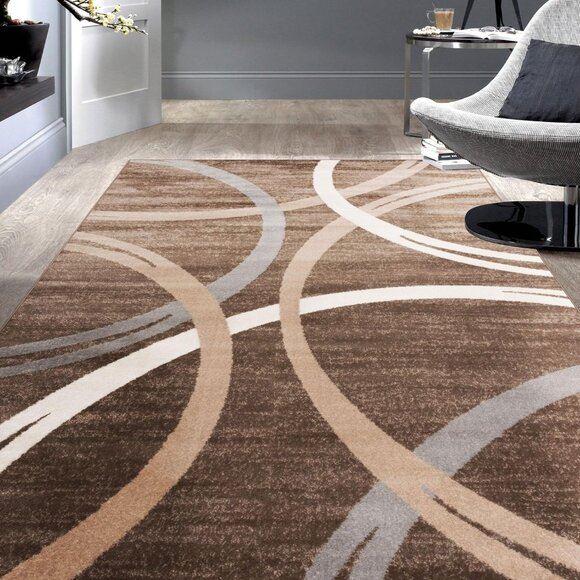 New 5.3 x 7.3Ft Modern Area Rug, Wavy Circles Design Carpet in Brown