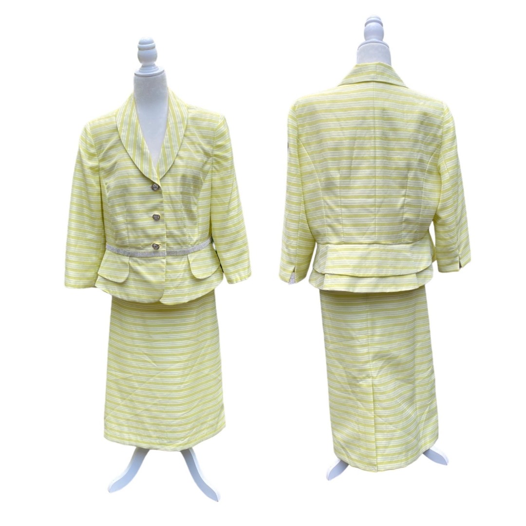 Nicolette 2-pc skirt suit lime yellow silver white striped elegant Easter Sz 18