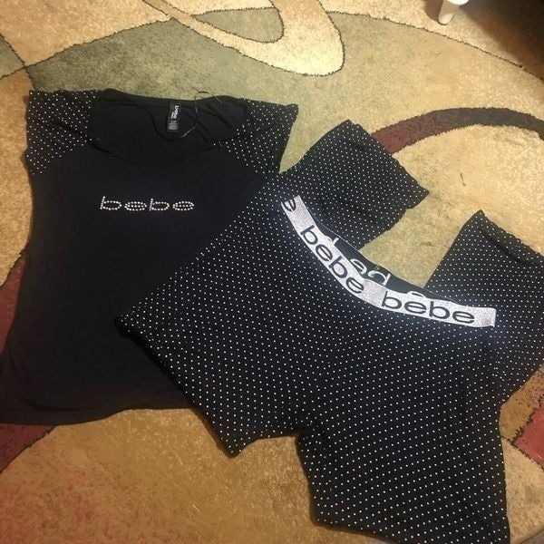 Super soft BEBE sports shirt and pants ,wide logo glitter waist in polkadots