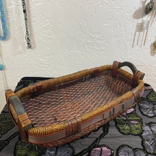 VTG 18 Long Dark Brown Wicker/Twig/Rattan Wooden Handle Basket Natural
