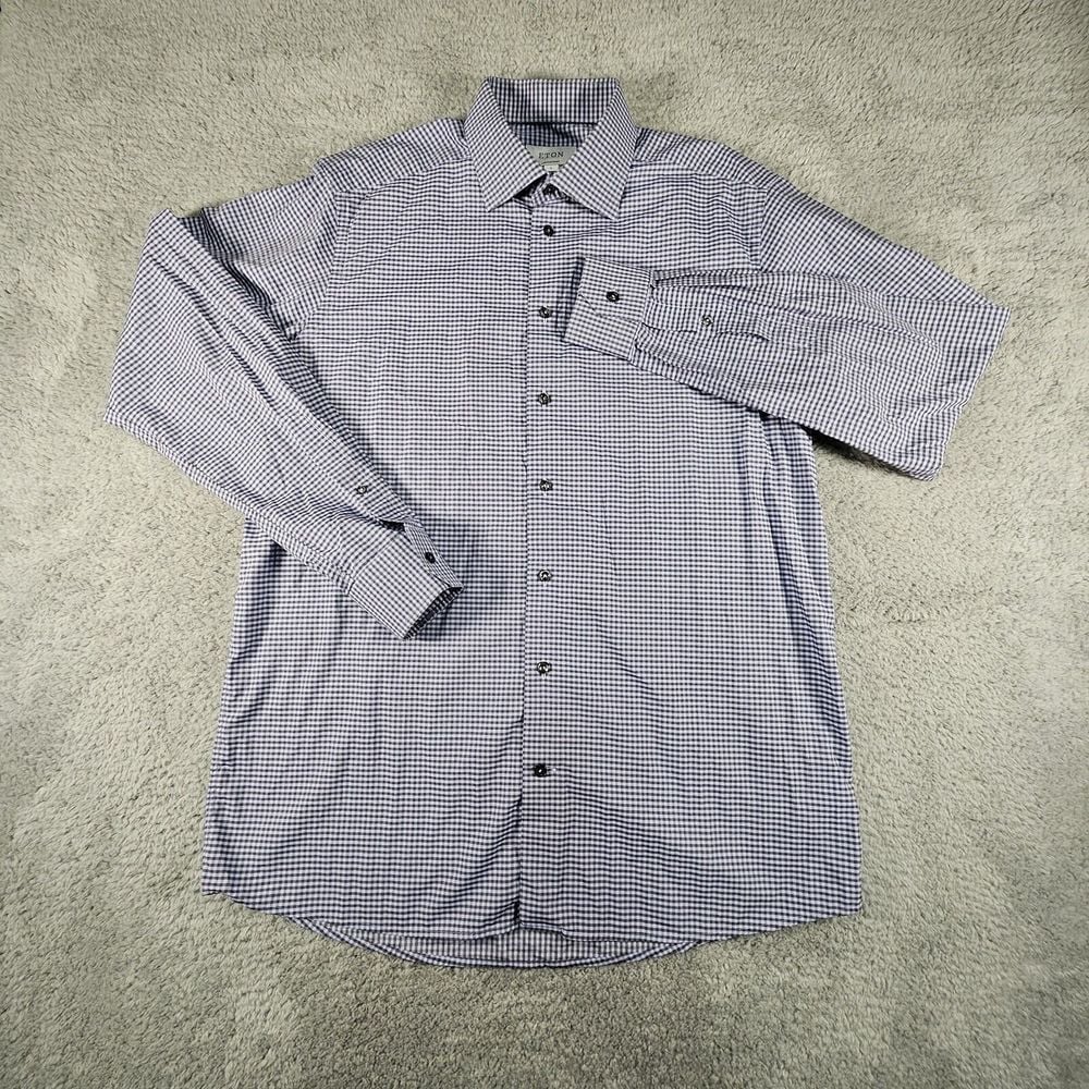 Eton Contemporary Blue Check Button Down Shirt Mens XL Collared Preppy Career