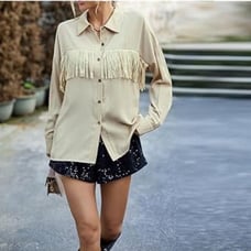 Tan Boxy Oversized Button Down Shirt with Notched Collar