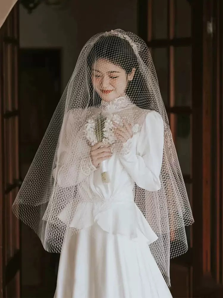 French Mermaid Vintage Bridal Gown, Wedding Dress, Veil + Crown + Pear Ear Clips