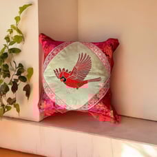Vtg Hand Painted Cardinal Bird Square Pillow 15”x15” tan red Leather/Satin
