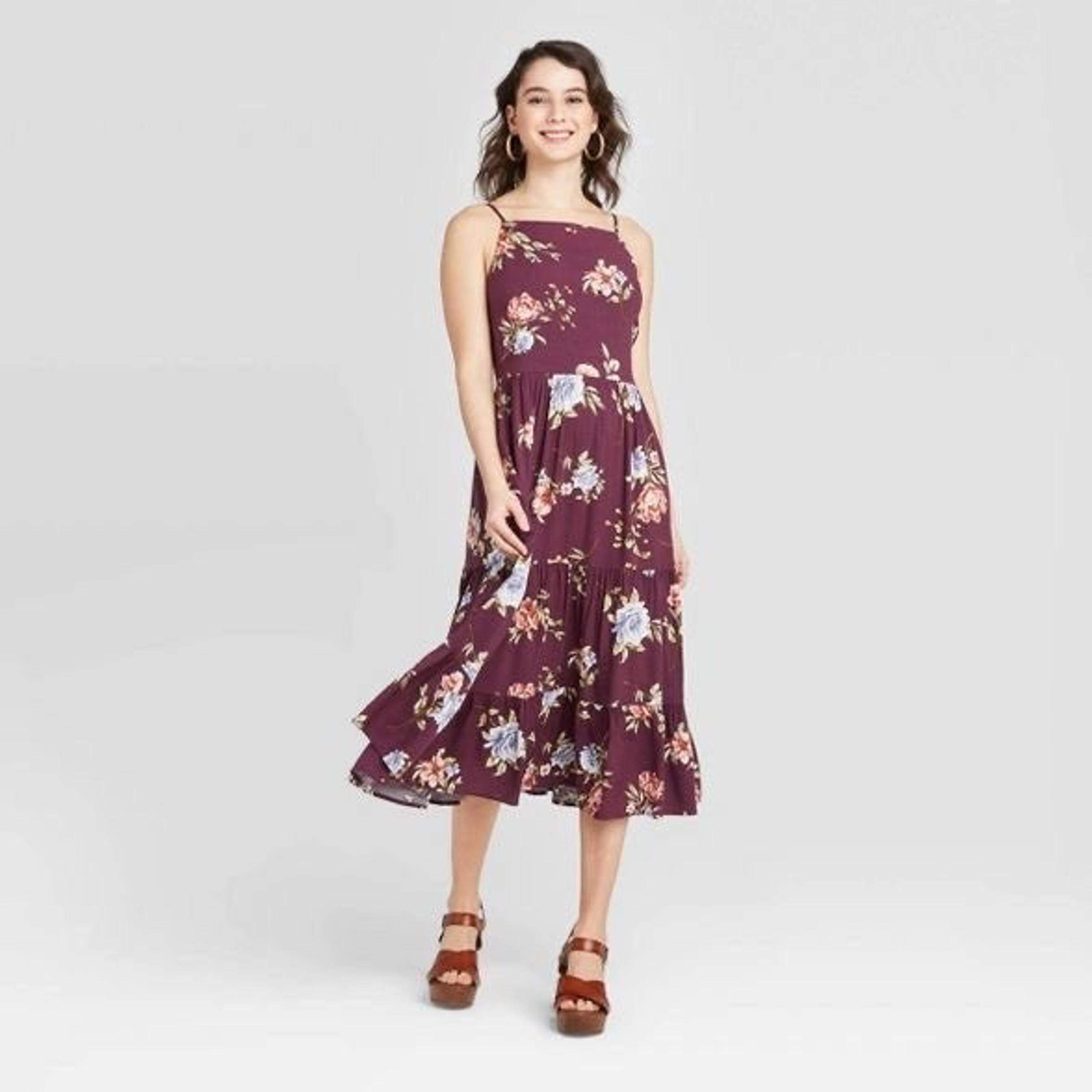 NWT Burgundy Floral Lace-Up Midi Dress