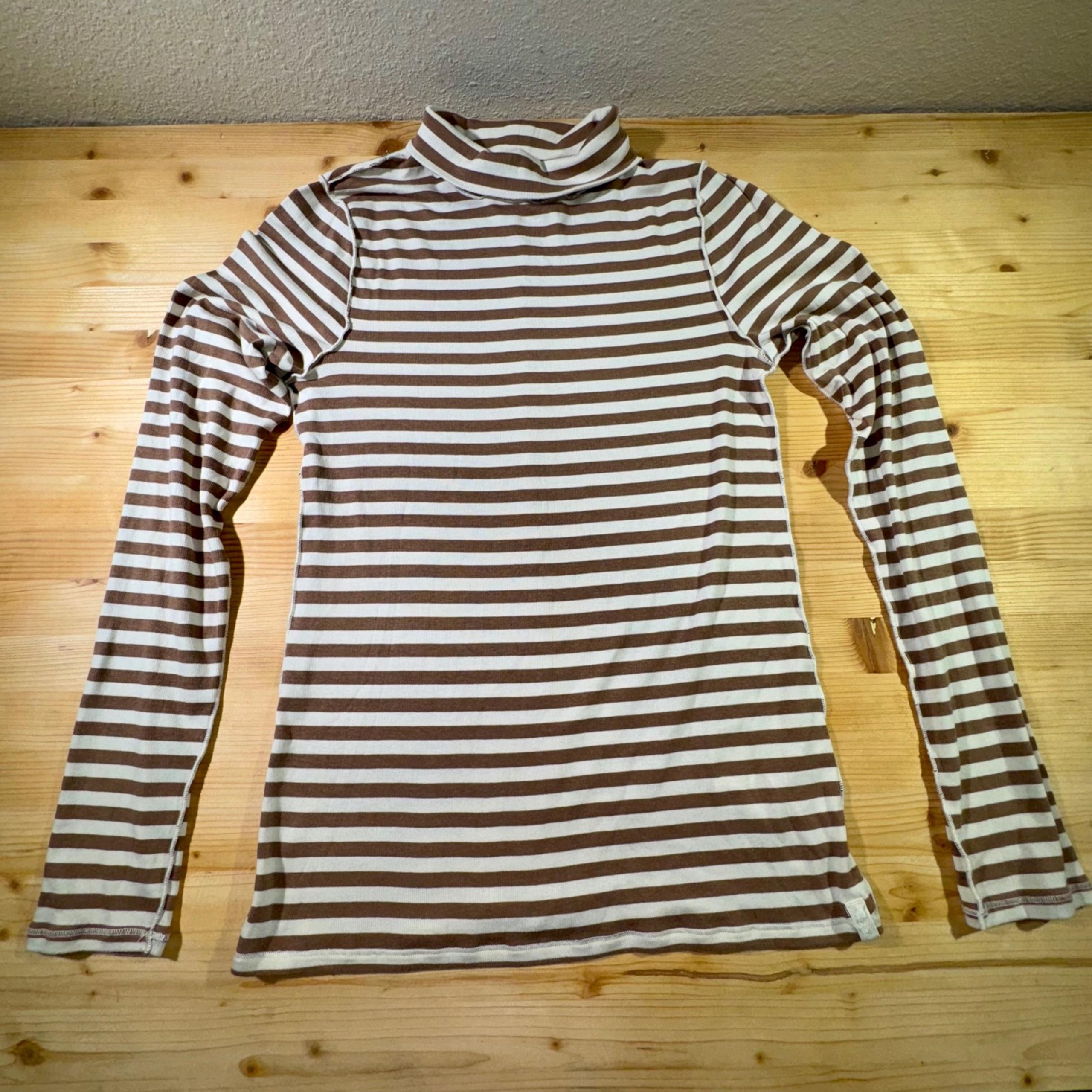 We The Free Striped Turtleneck Long Sleeve Fitted Brown Cream Large Lightweight