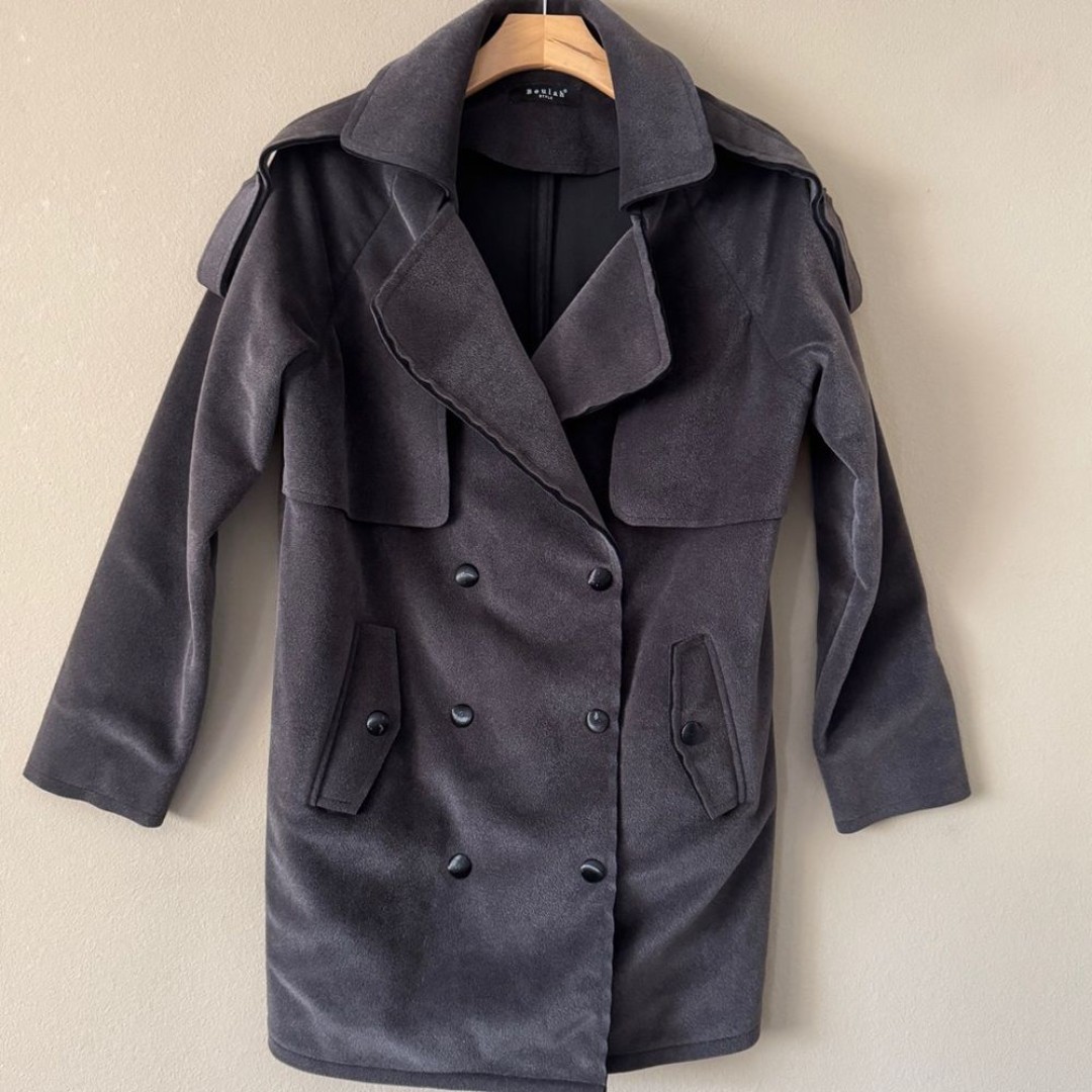 Beulah Dark Grey Double-Breasted Suede Coat Size L