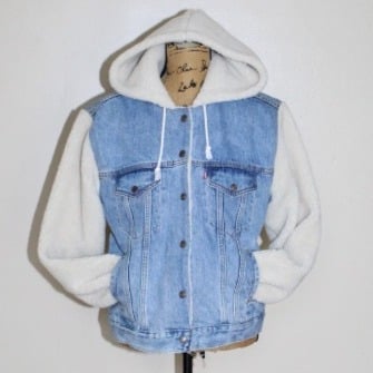 Levi's Ex-Boyfriend Sherpa Sleeve Hooded Blue Denim Trucker Jean Jacket Womens M