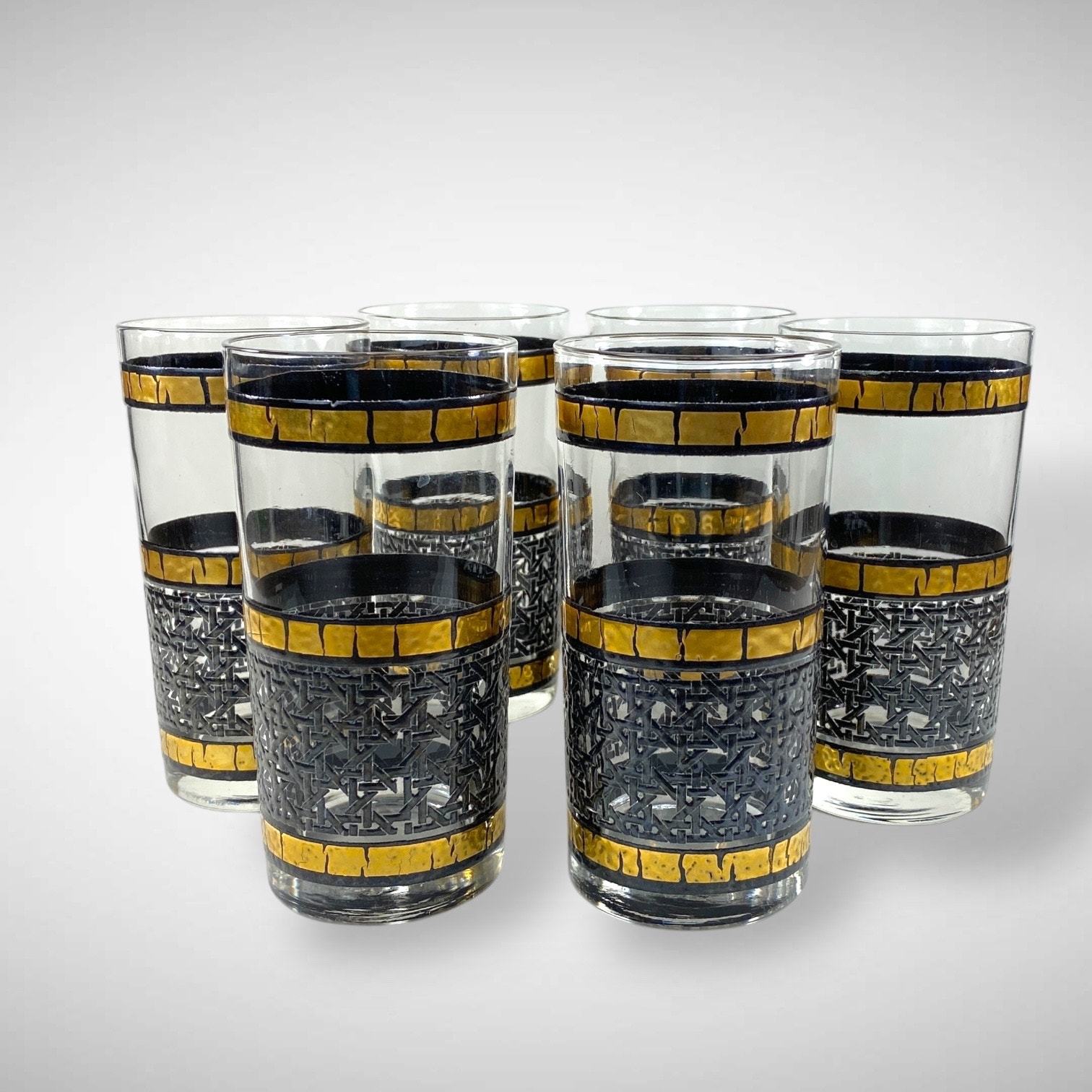 Libbey Black Cane Basket Weave Design Highball Glasses Gold Trim Set of 6 1970s?