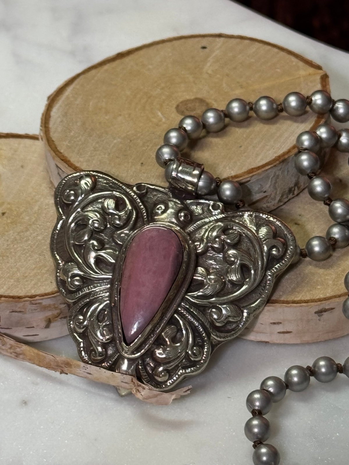 Silver and Pink Opal Butterfly Pendant Necklace 20” chain