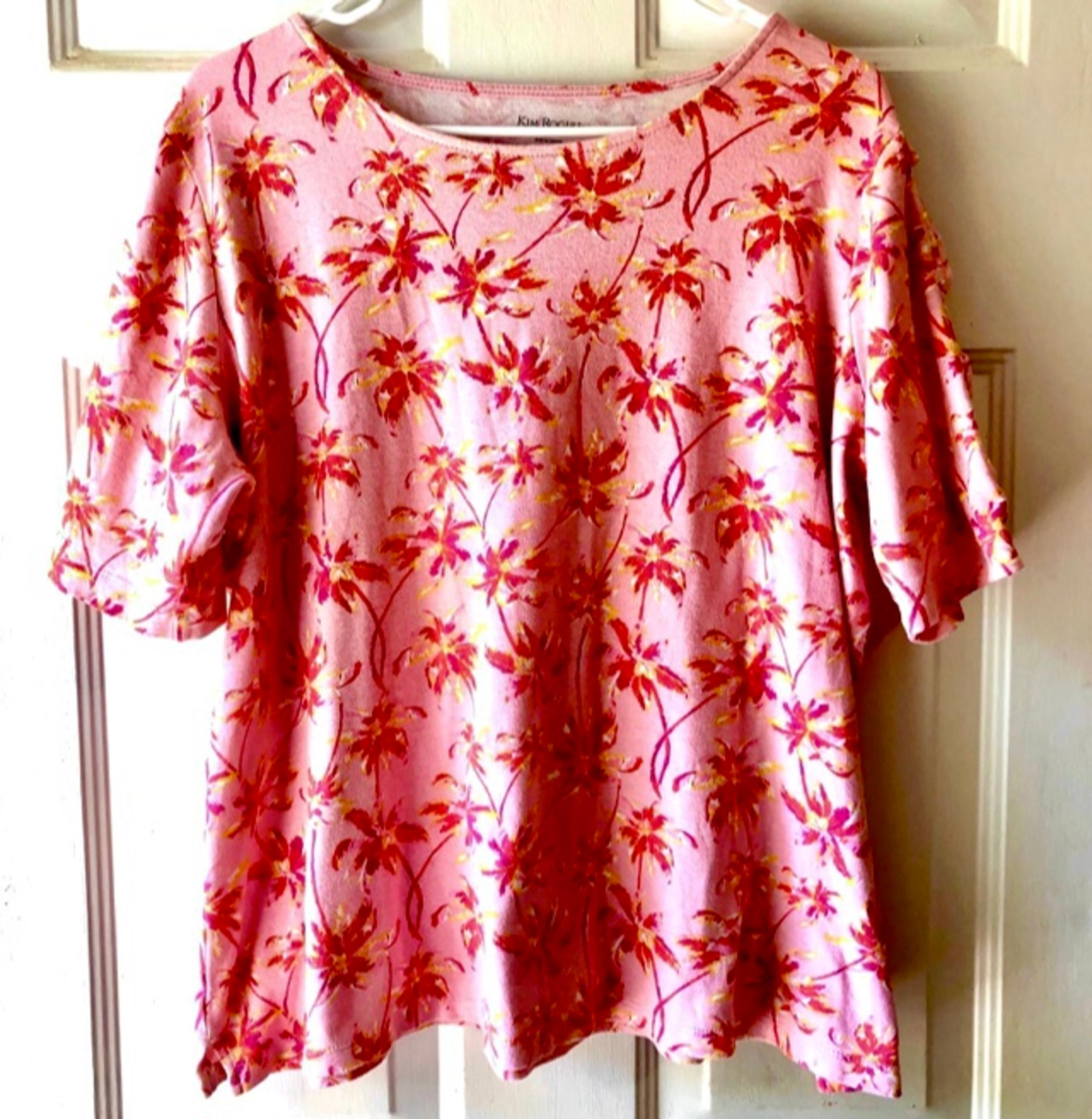 Kim Rogers Pink Red Yellow Tropical Palm Print 100% Cotton Short Slv Knit Top XL