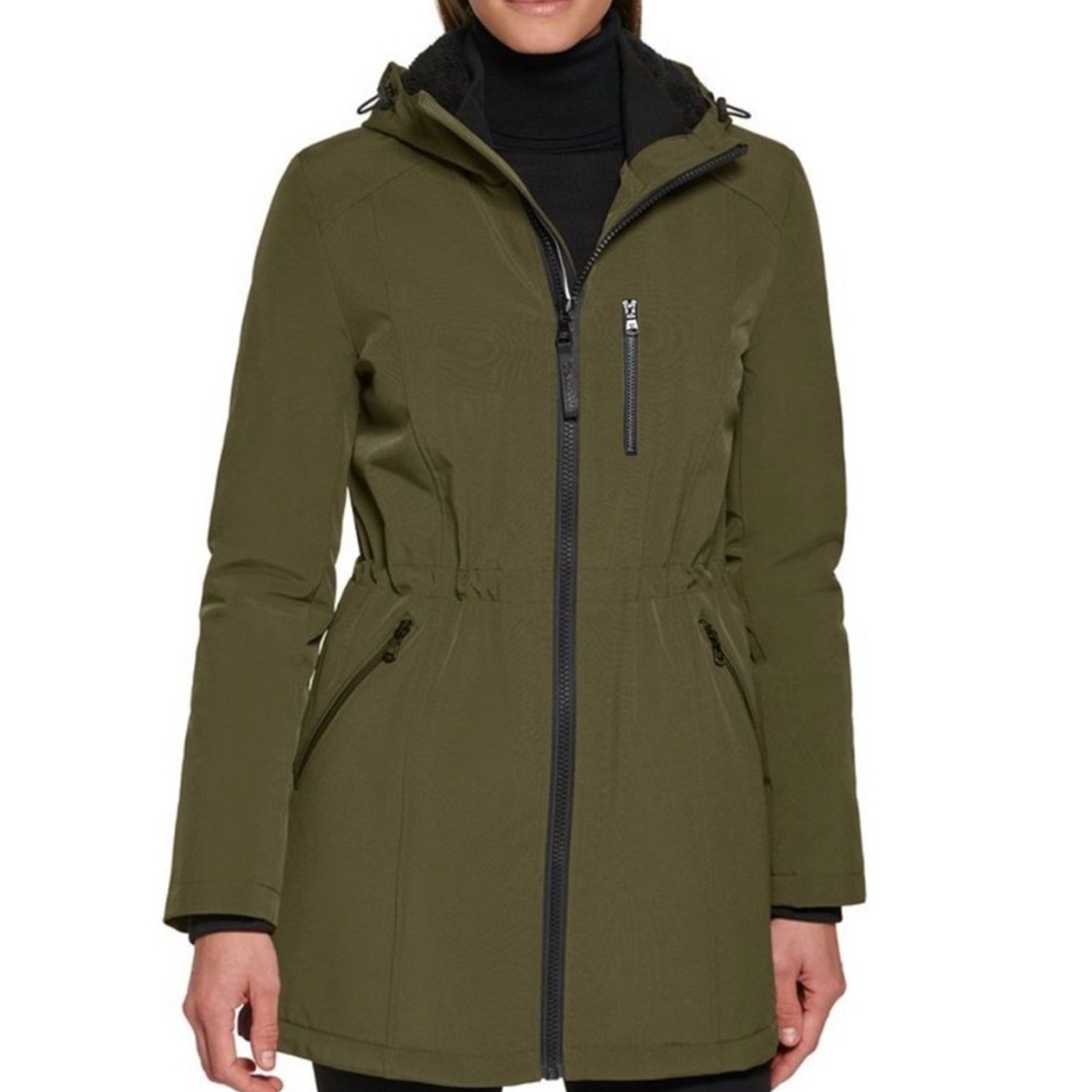 Womens Calvin Klein Hooded Faux-Fur-Lined Anorak Raincoat Petite Small