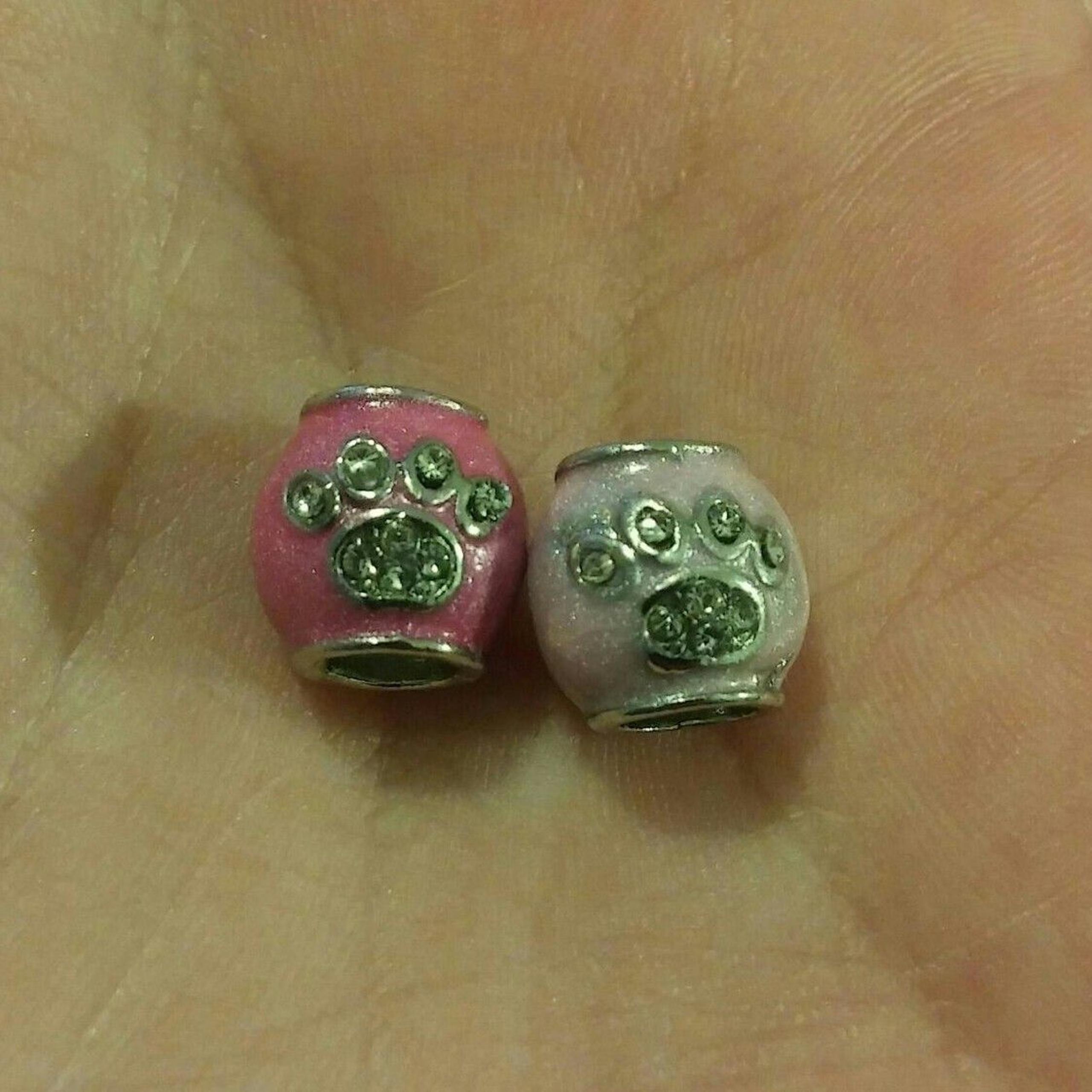 2 PC Paw Print Jewel Silver Charm Beads