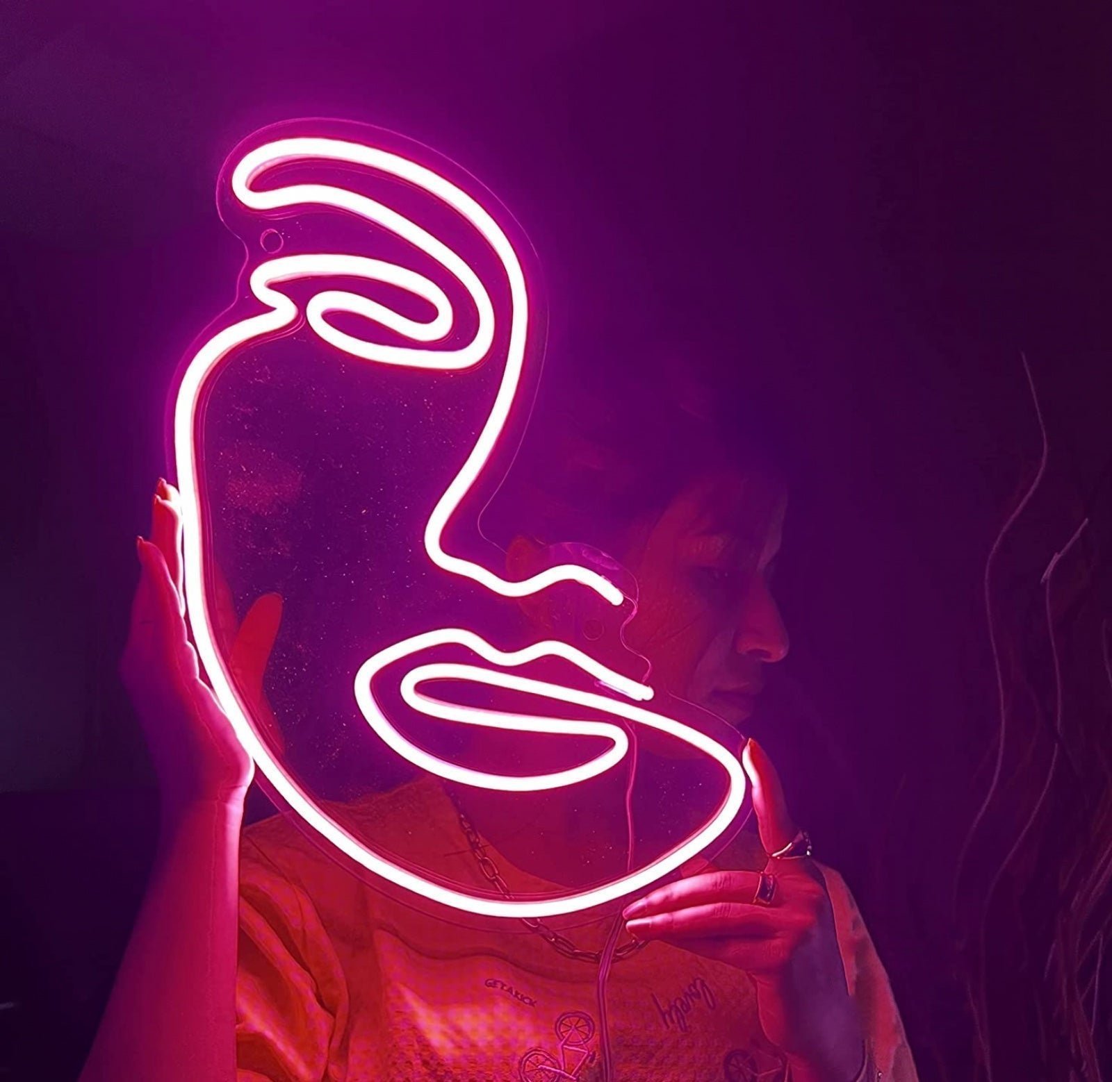 Large Bright Pink Abstract Face Art LED Night Light Room Wall Decoration