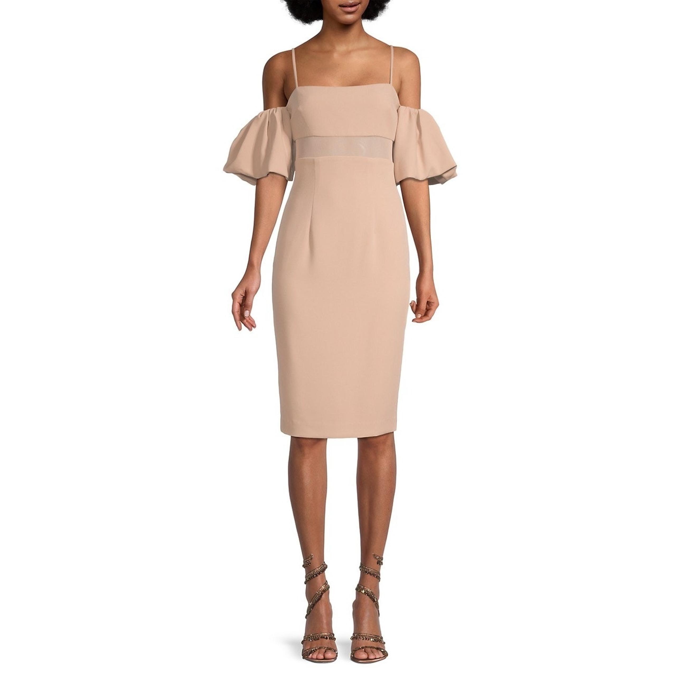 Black Halo Tan Leona Puff Sleeve Off-The-Shoulder Knee Length Sheath Dress Sz 4