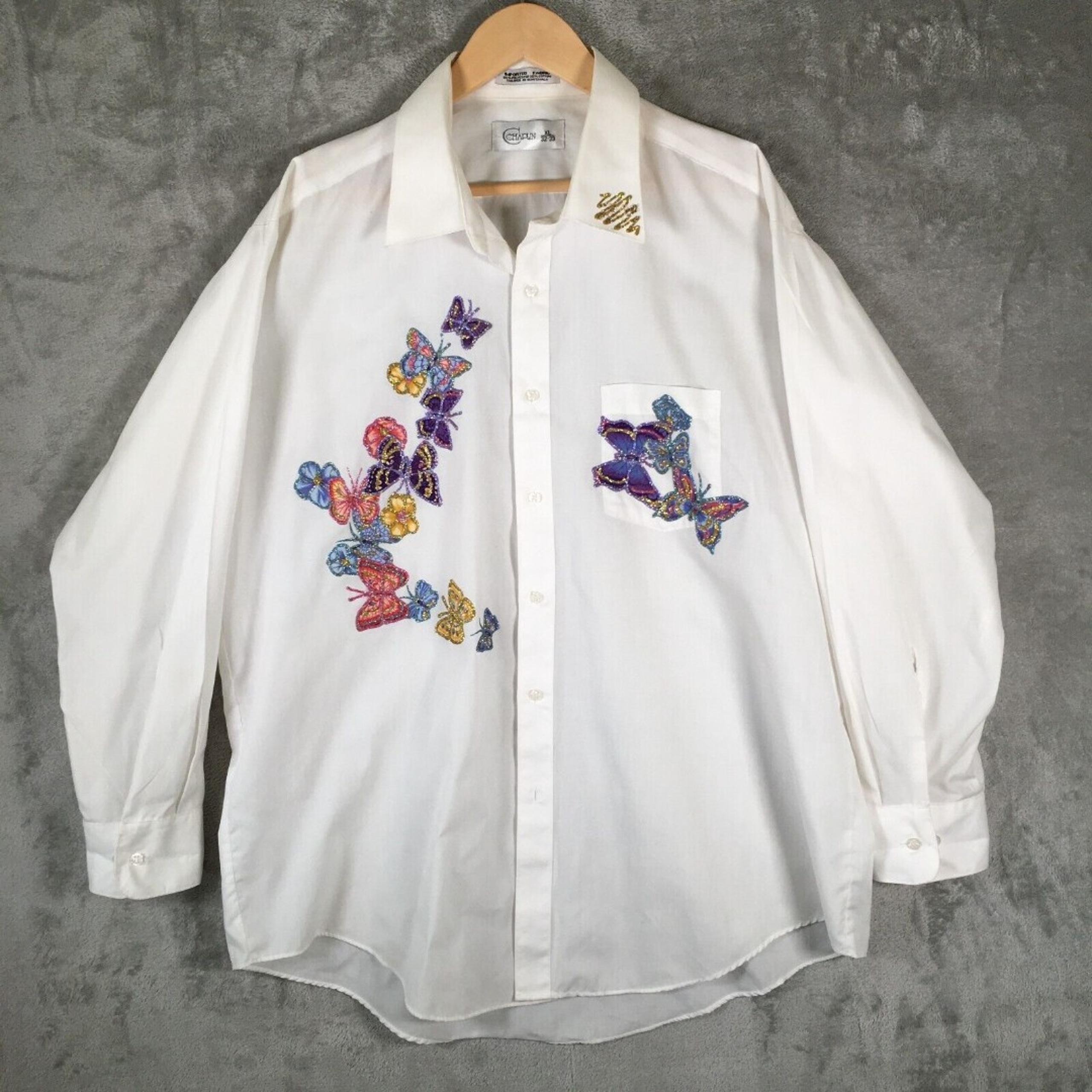 Vintage Chaplin Women's Long Sleeve Butterfly Embellished Shirt White Size XL