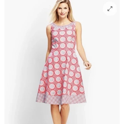 Talbots Size 4P Coral Medallion Print Sleeveless Cotton Lined Fit & Flare Dress
