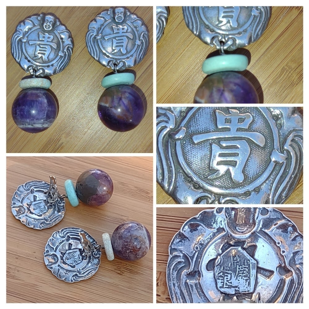 Vintage Chinese Export Sterling Silver & Natural Amethyst Clip On Earrings/ Rare