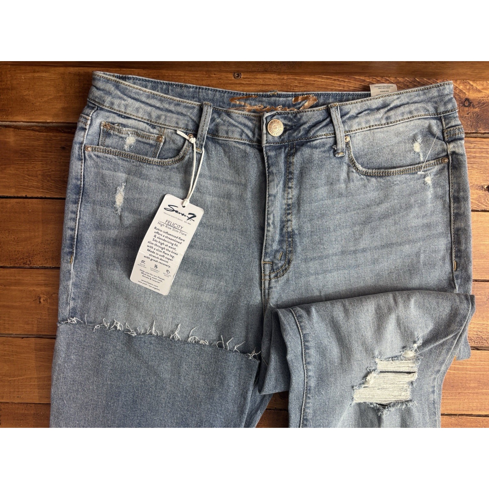 Seven 7 Jeans Wmns 12 (Fits 33x32) Blue Denim Distressed Felicity Slim Flare NEW