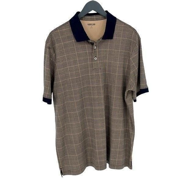 Lands End Mens Short Sleeve Traditional Fit Window Pane Plaid Polo Shirt Tan Blu