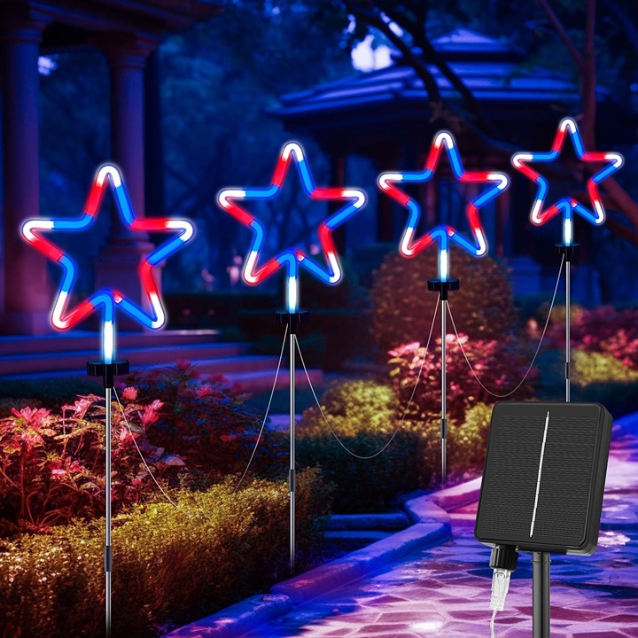 Red White and Blue Solar Lights for Outside, 4th of July Decorations