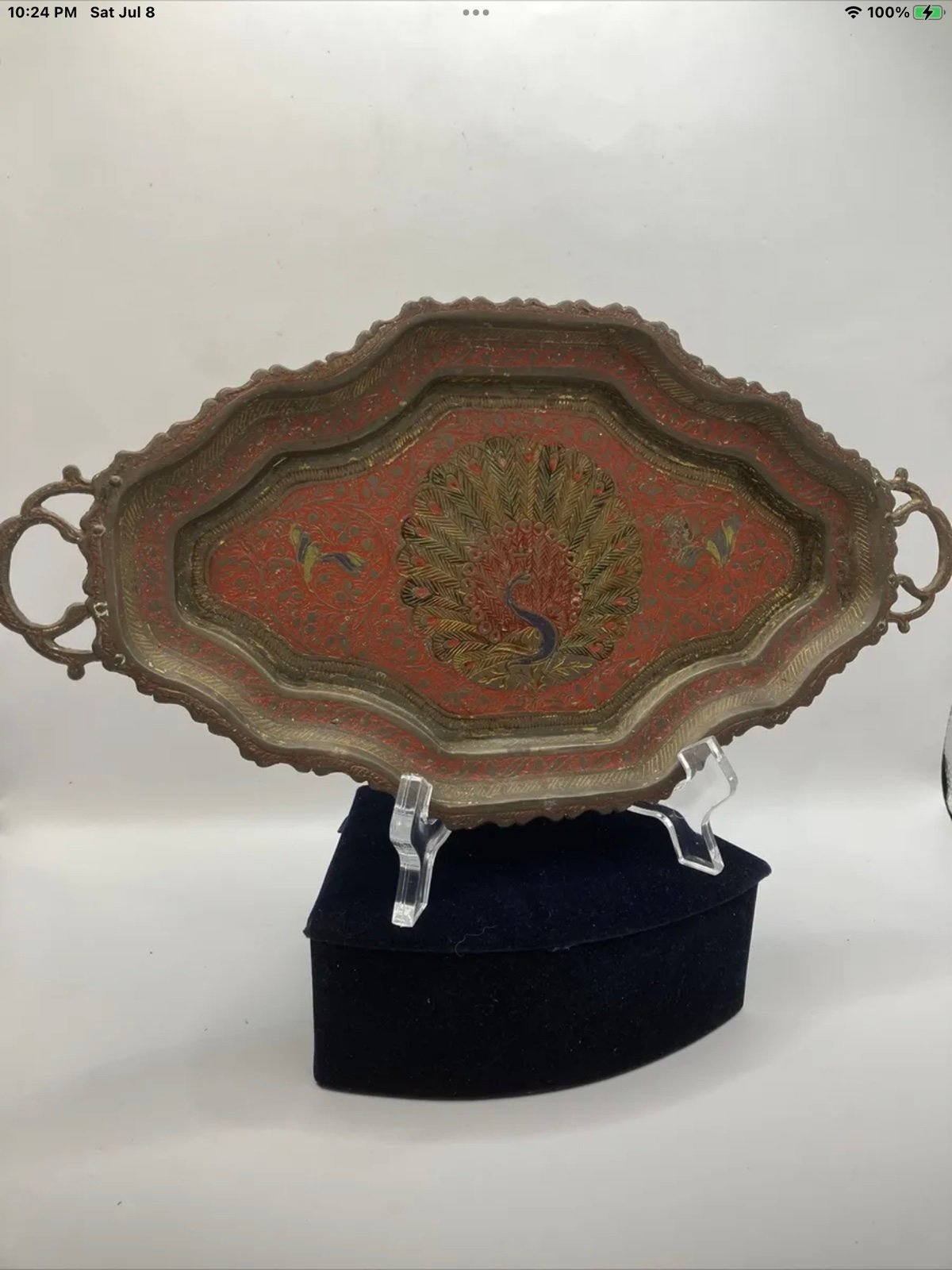 Exquisite Antique Small Brass Tray With Etched Peacock Victorian Era