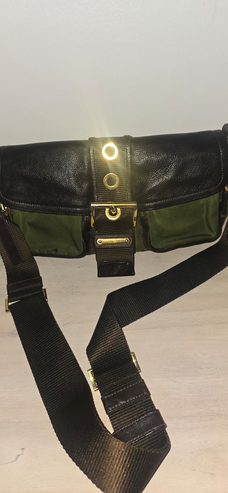 PRADA Belt Buckle Shoulder Bag Handbag - Green Nylon Leather Women