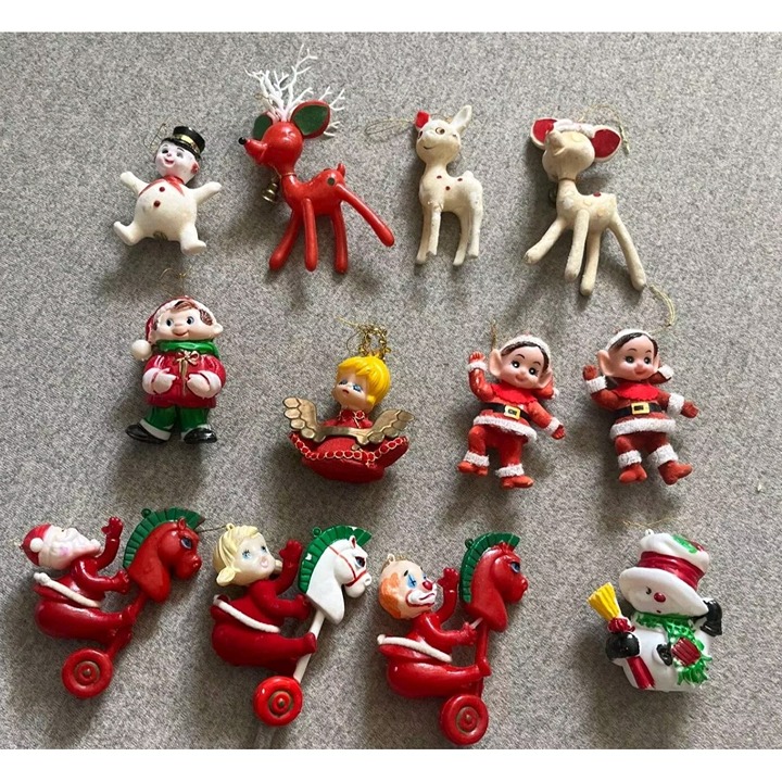 VTG Blow Mold Christmas Ornament Set Of 12 Soft Plastic Japan Flocked