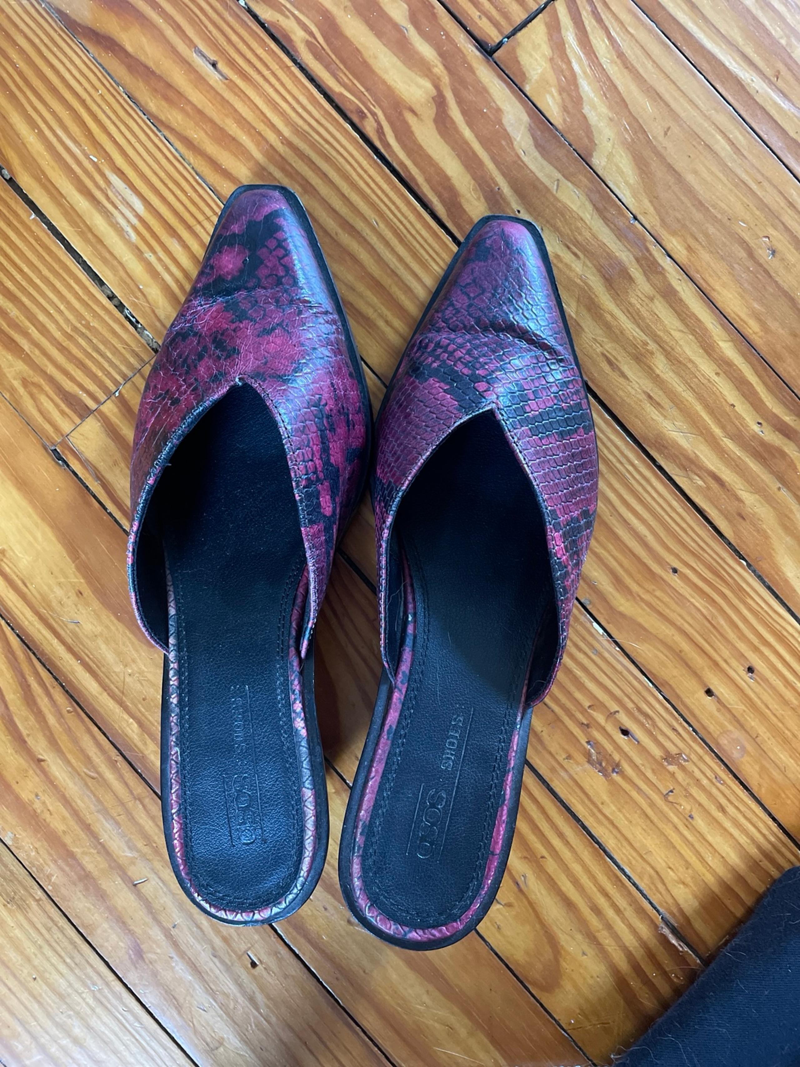 Western red snakeskin pointed toe mules
