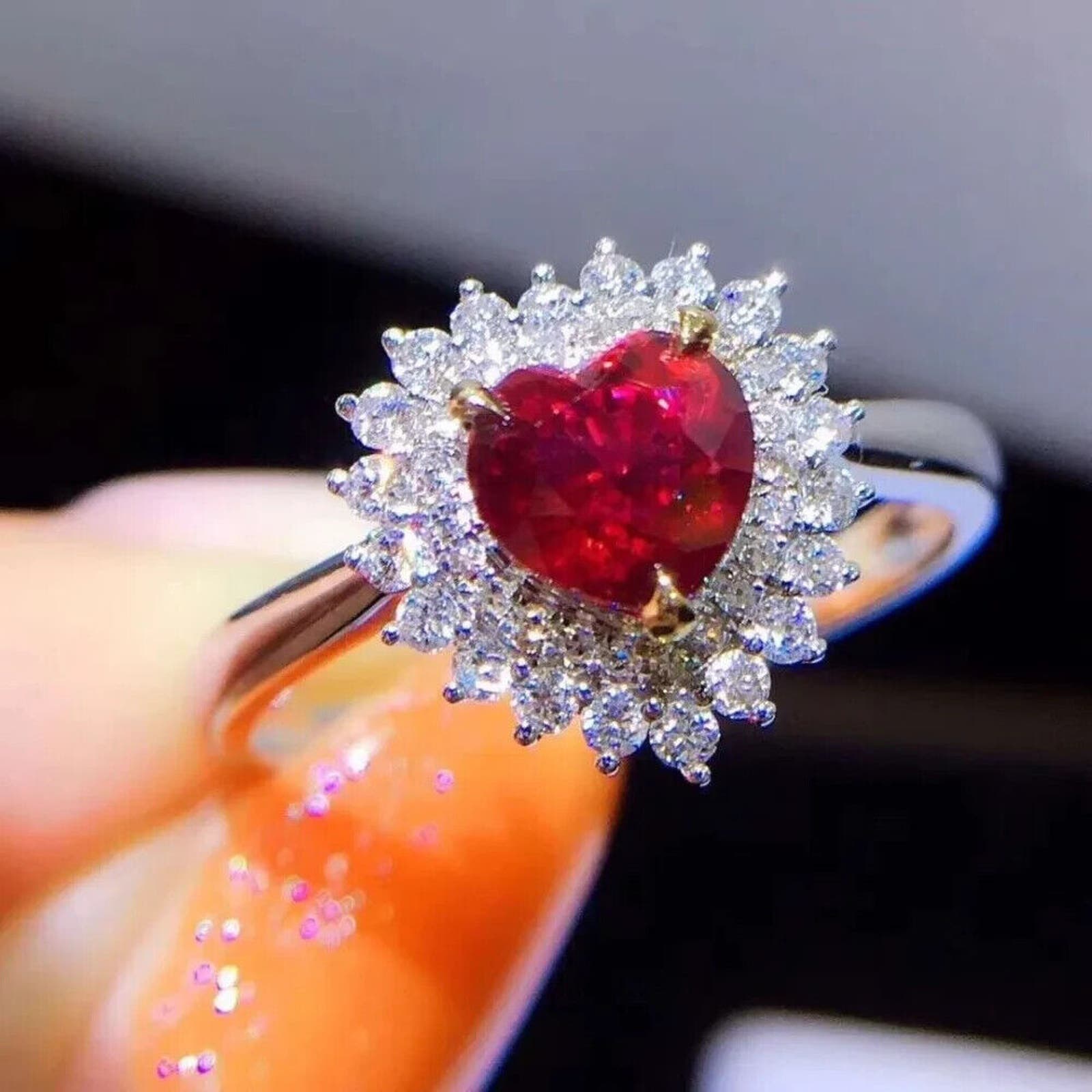 High Quality Heart Cut Natural Ruby Ring 18k White Gold Plated, Ruby Heart Ring
