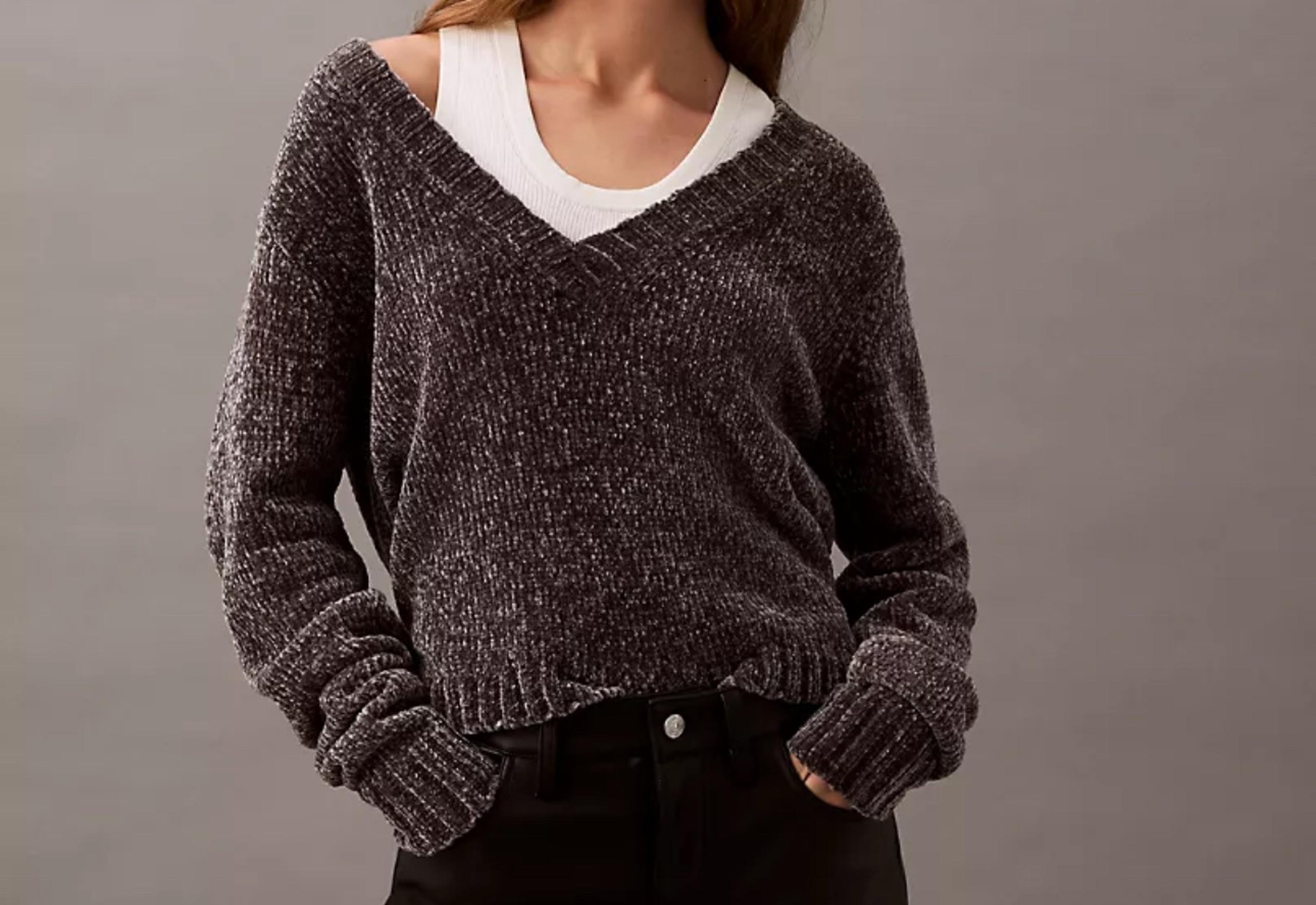 Calvin Klein Chenille Relaxed V-Neck Sweater Endless Grey New XL
