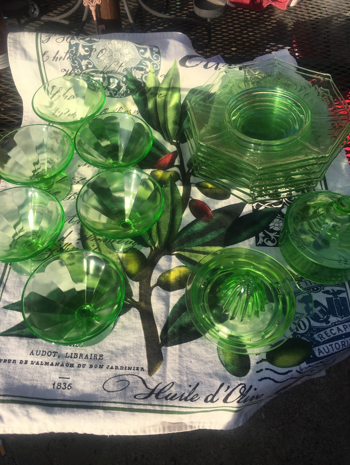 green depression dessert cups and plates