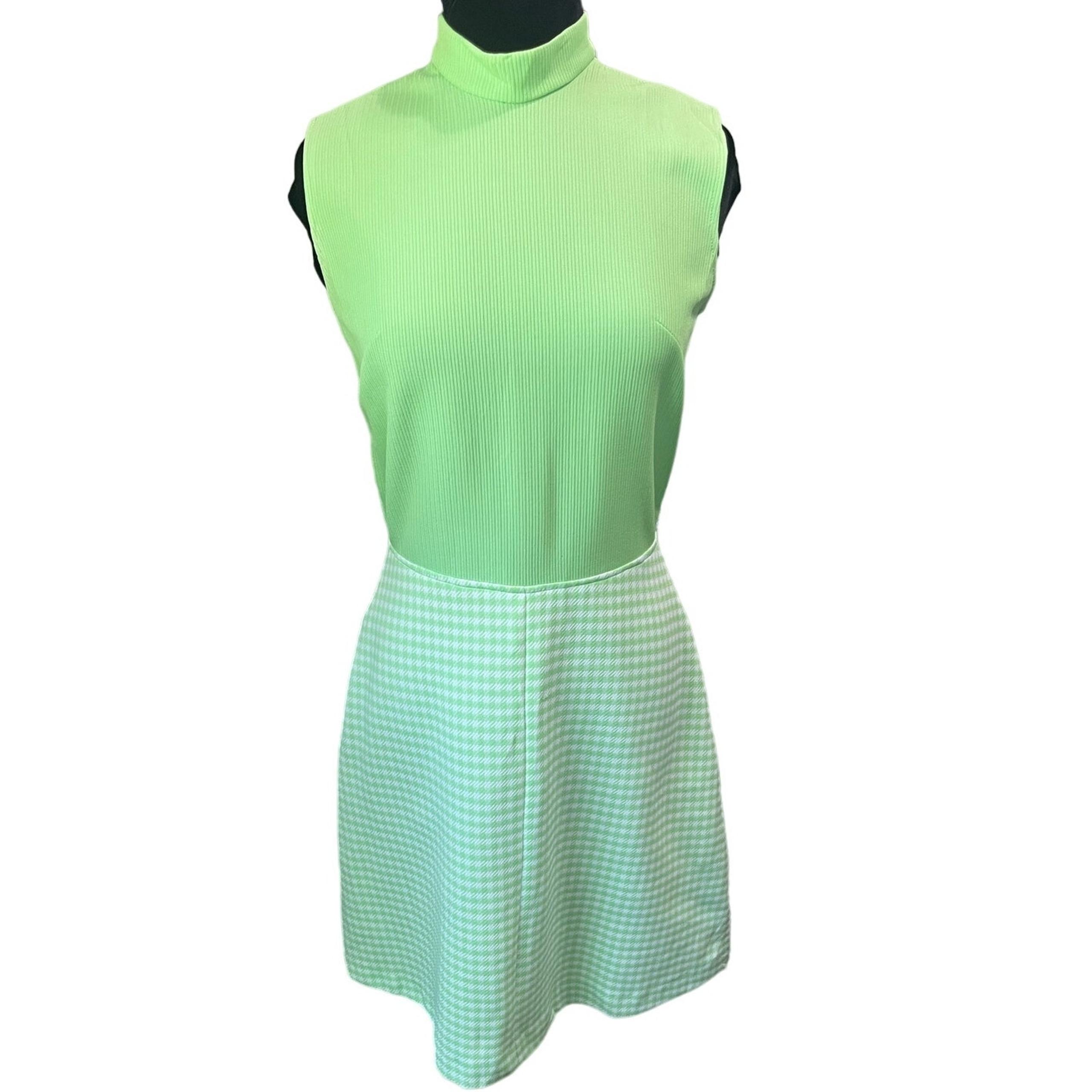 Vintage 60s Green White Houndstooth Checkered Mockneck A Line Dress Small Med