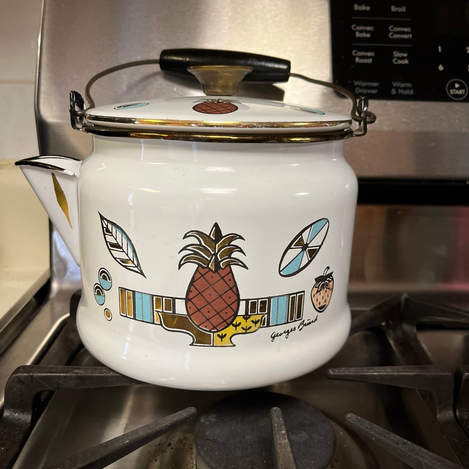 Vintage MCM Georges Briard Enamel Teapot Kettle Pineapple Ambrosia