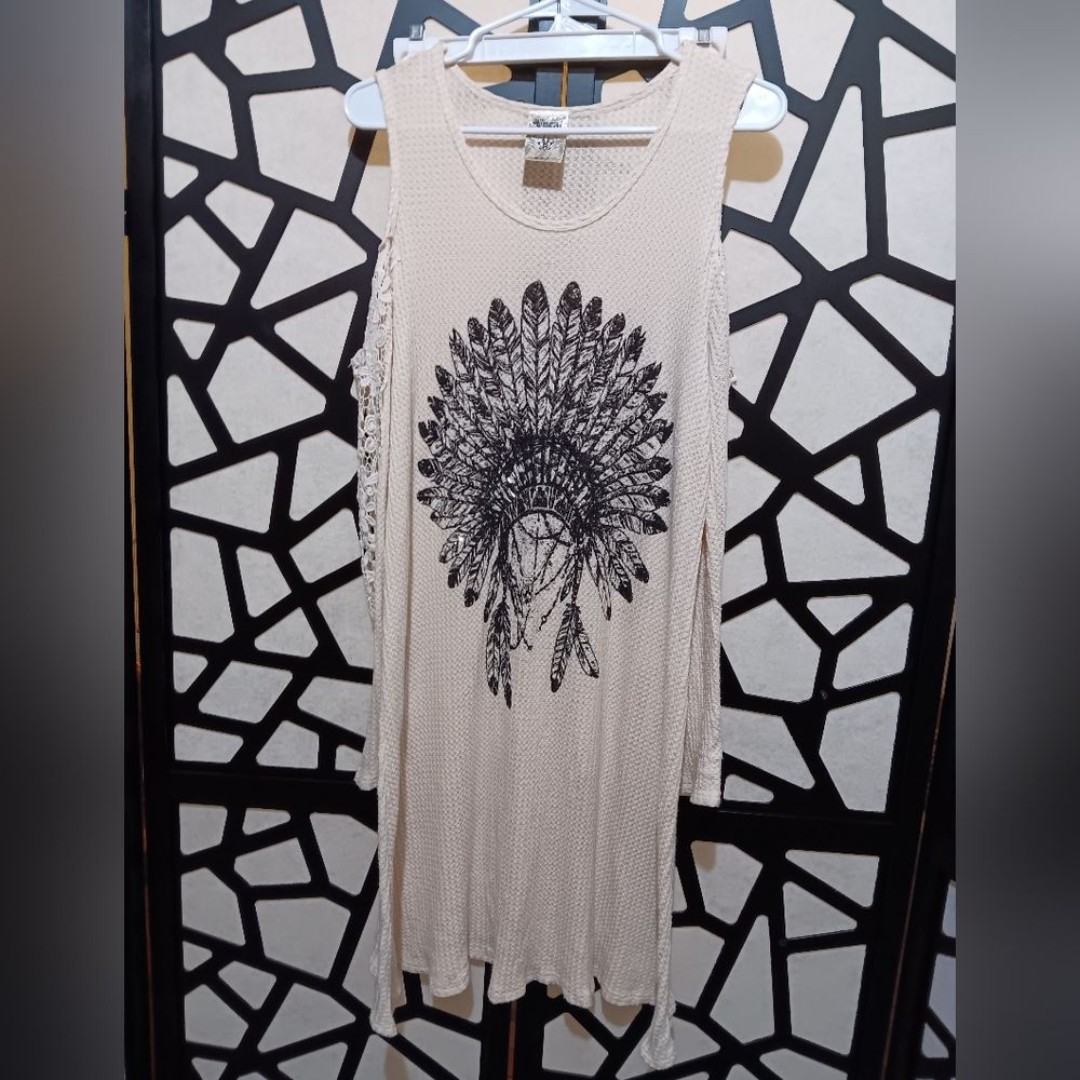 Vocal U.S.A. - Knit Cold-shoulder Dress w/ Rhinestudded Indigenous War Bonnet