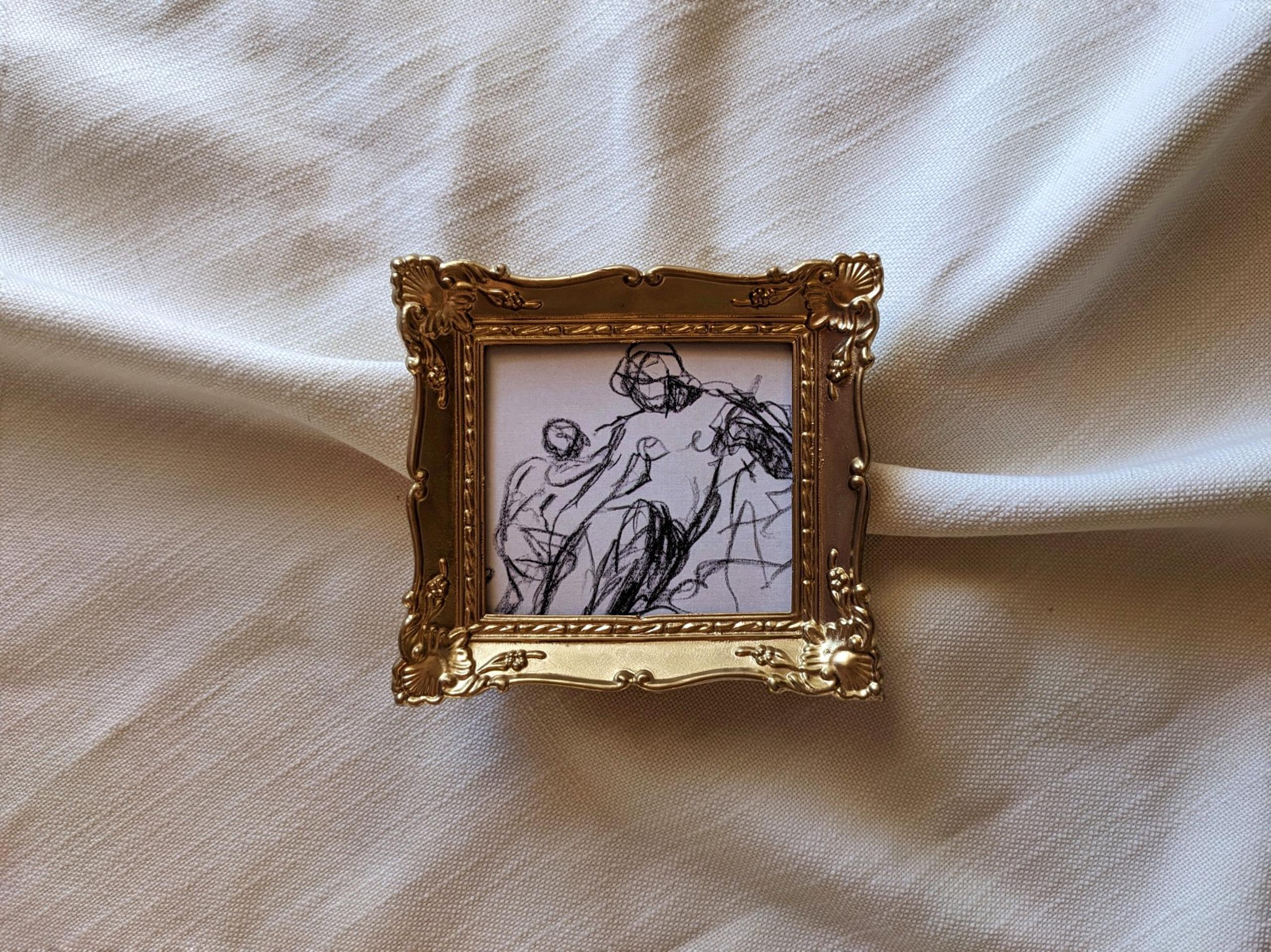 Antique-style Vintage Ornate Gold Framed Abstract Portrait Line Art Figure Study