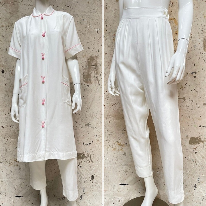 Vintage 1940s Made In Japan Pajama Set, Top & Pants White w/ Pink Butterflies, S
