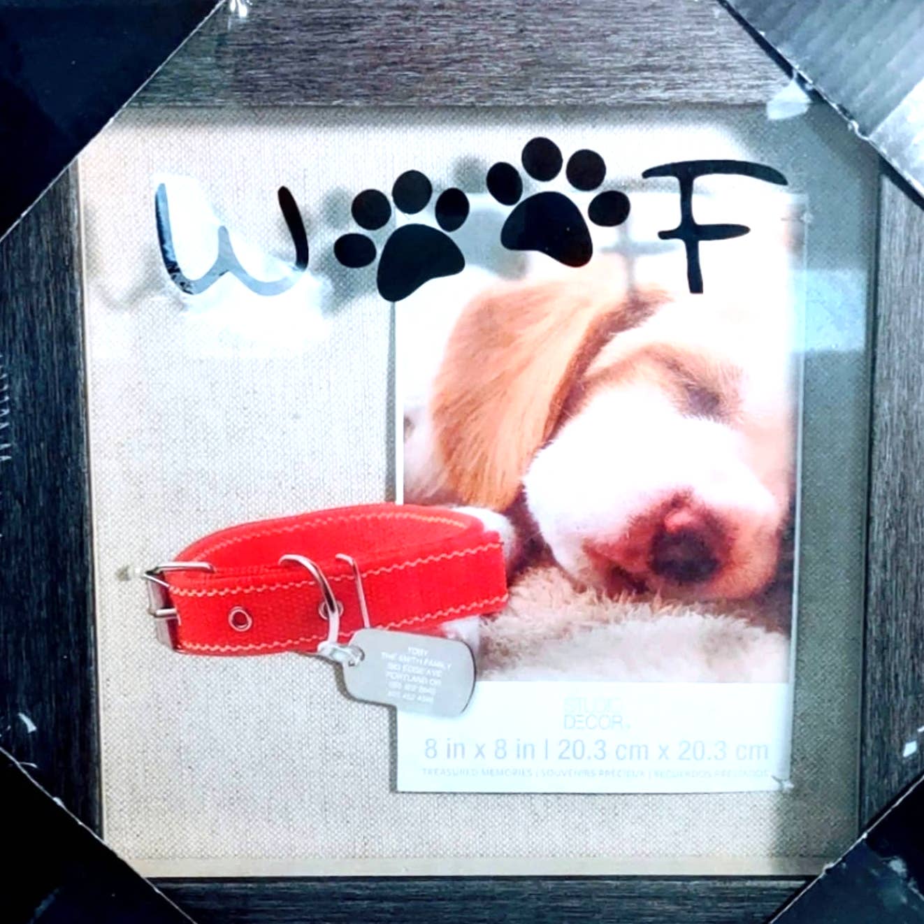 Puppy Wooden Shadowbox Picture Frame 8x8 in with Woof inscribed on Front