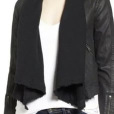 FREE PEOPLE Coated Denim jean Black Size 8 Drape Front Moto stretch Jacket Coat