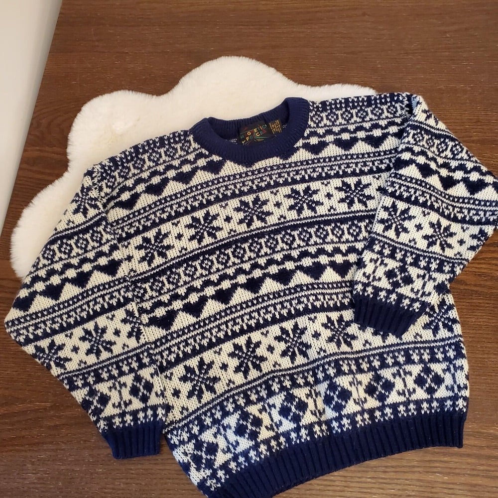 Vintage Magnetic Force Youth Knit Sweater Boys 16-18 USA 80s Fair Isle Deep Blu