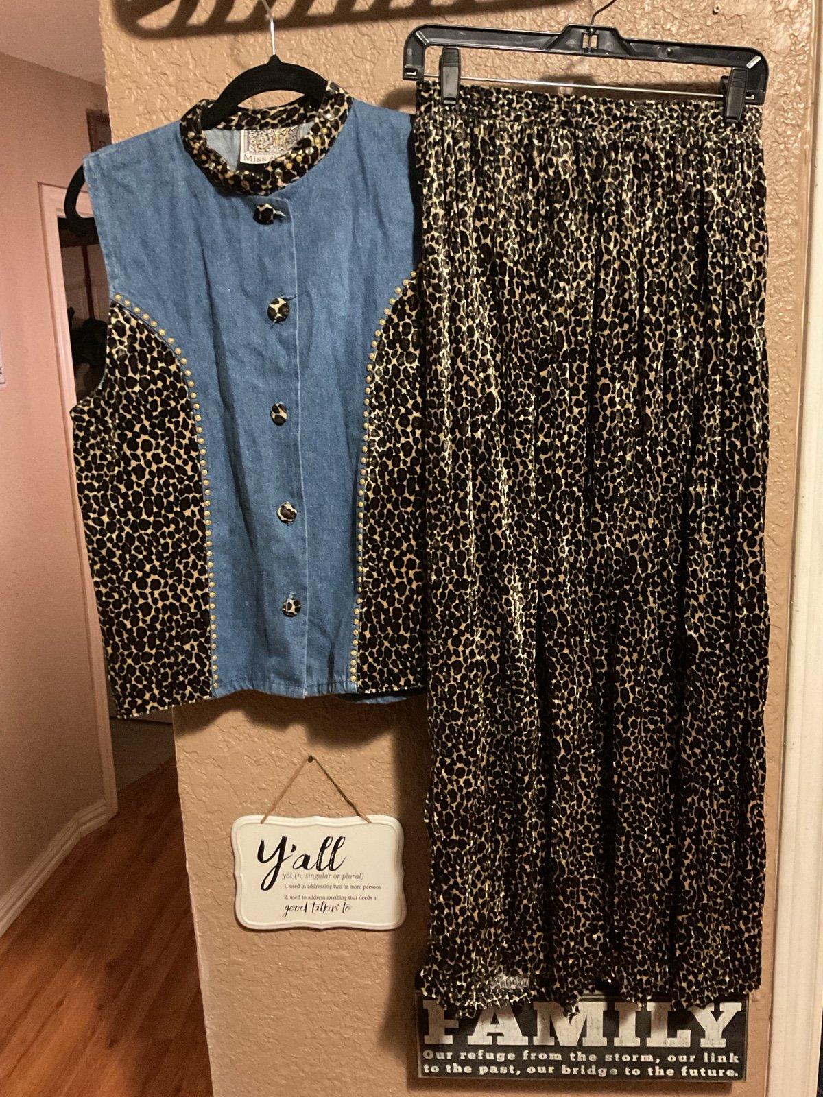 Vintage Miss & Mrs Denim Leopard Vest with Matching Leopard Skirt Size Medium