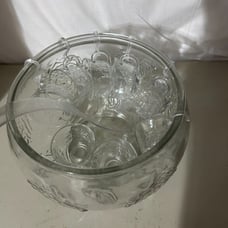 Vintage MCM Indiana Glass Co. Punch Bowl And 8 Cups With Roses Celebration