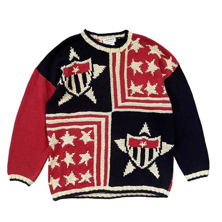 Vintage Jaeger Hand Knit Silk Blend Oversized Stars Stripes Flag Sweater Medium