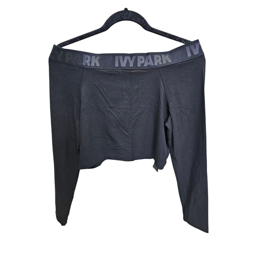 Ivy Park Shirt Black Elastic Band Spellout Long Sleeve Logo Tape Crop Top Size L