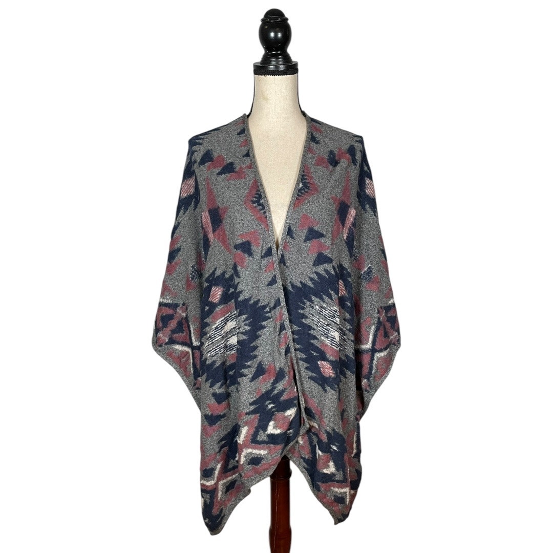 Lucky Brand Gray Southwestern Aztec Print Poncho Shawl One Size